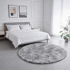Amdrebio Tie-Dye Light Grey Round Circle Area Rugs 5Ft for Living Room Bedroom, Soft Fluffy Fuzzy Shag Rug for Kids Room Home Office, Furry Plush Indoor Floor Shaggy Gray Carpet for Baby Nursery Dorm