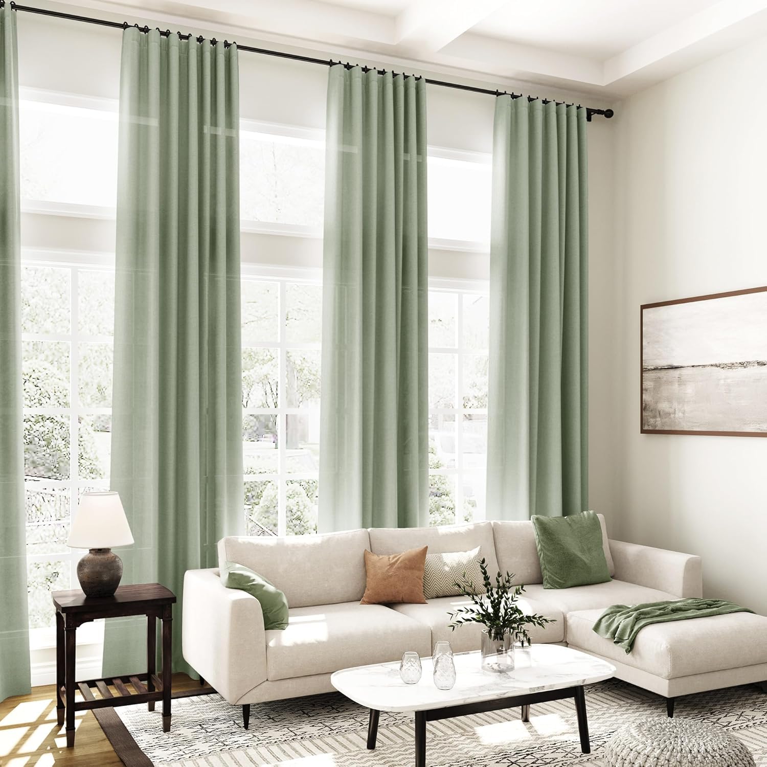 Desert Sage Linen Curtains for Living Room 105 Inches Long Light Filtering Semi Sheer Curtain Back Tab Rustic Farmhouse Decor Elegant Luxury Boho Drapes for Bedroom Dinner Room 52x105, 2 Panels