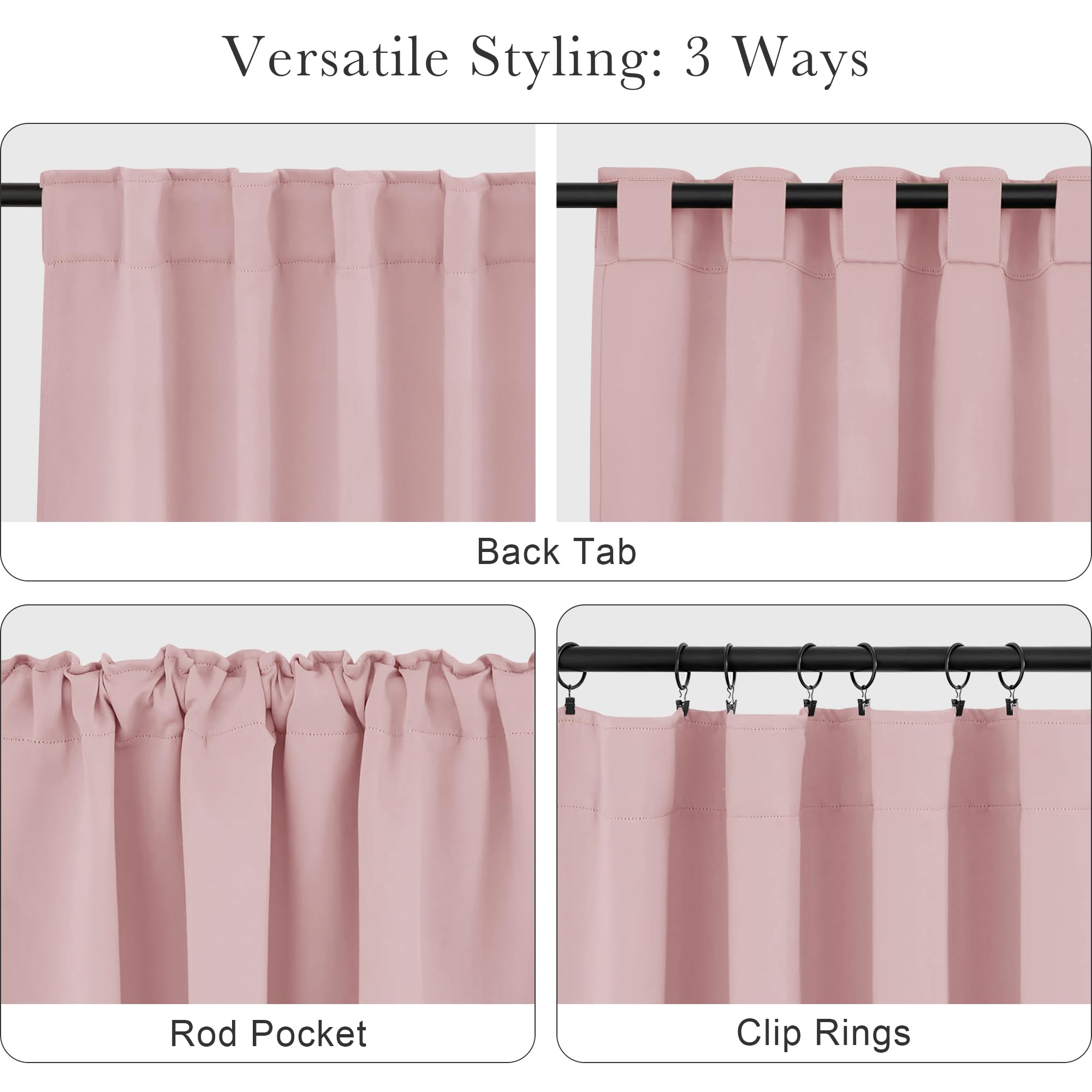 PONY DANCE Kitchen Curtains Short - Thermal Insulated Window Covering Curtain Panels with Rod Pocket/Back Tab Light Block for Bathroom, Wide 42 by Long 45 Inches, Blush Pink, 2 Pieces