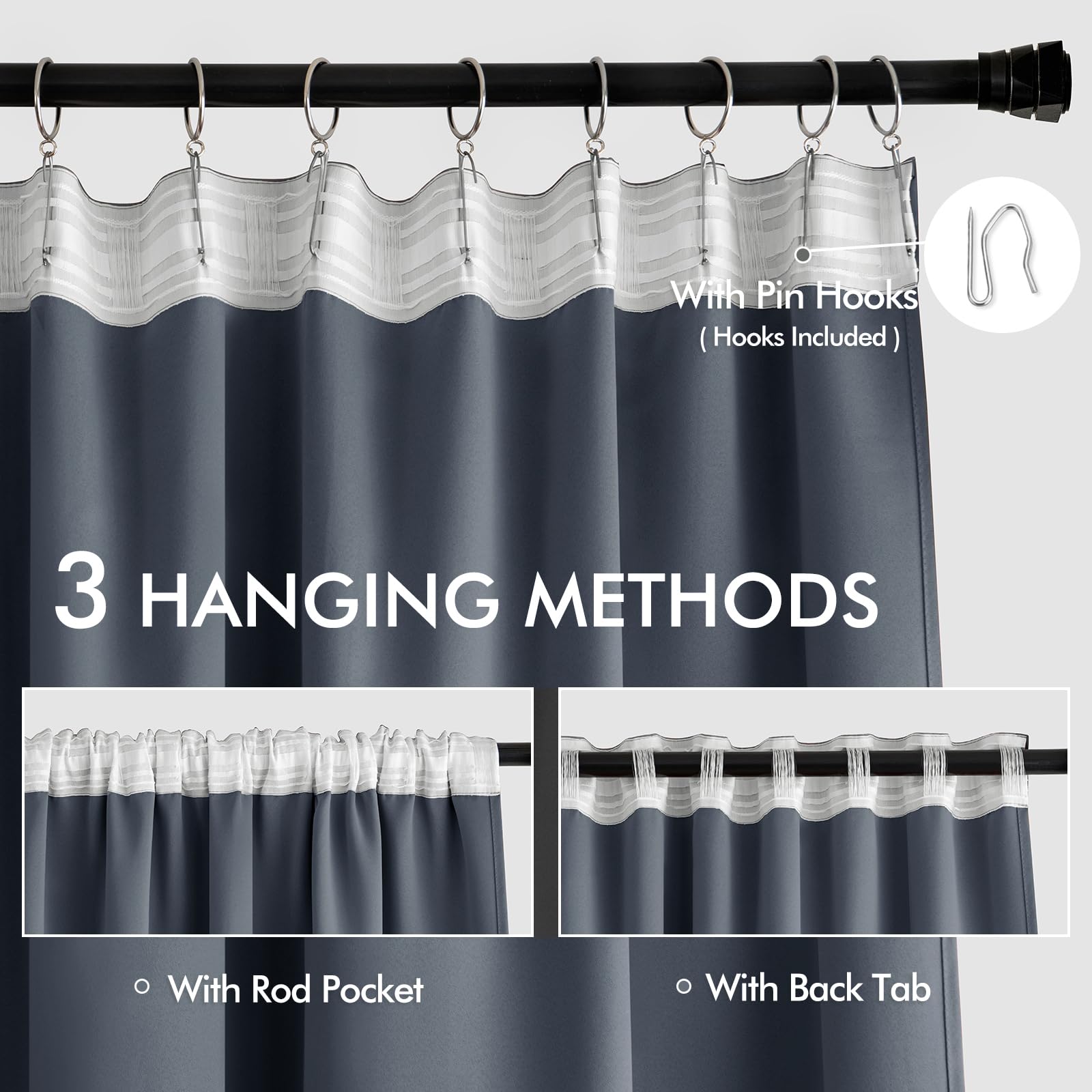 MIULEE Stone Blue Back Tab Blackout Curtains 52x120 Inch Long 2 Panels Set