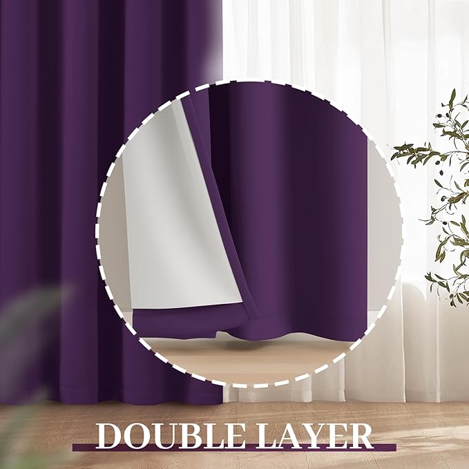 Yakamok 100% Blackout Curtains 52x96 inch Long Purple Window Drapes-Bedroom