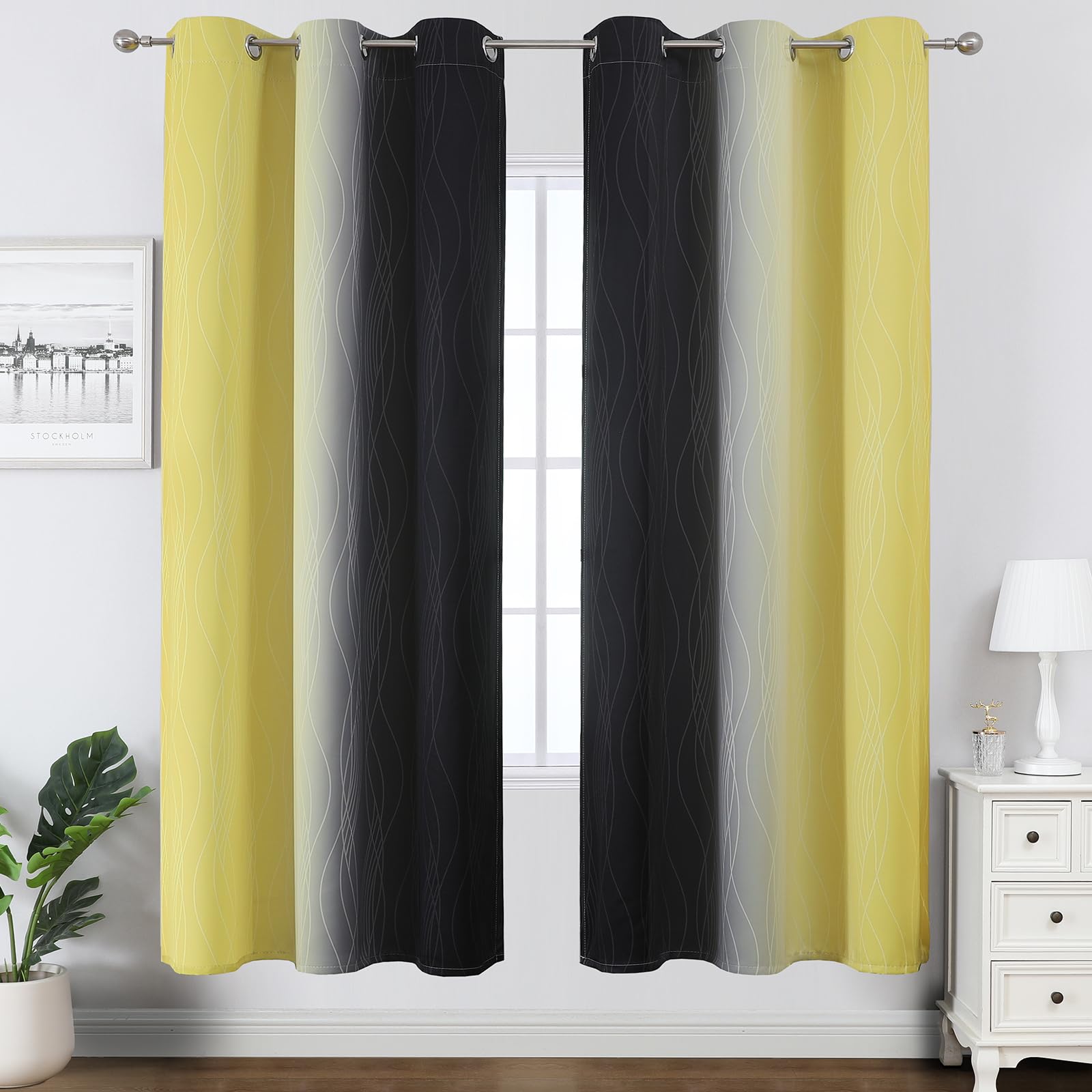 Estelar Textiler Black and Yellow Ombre Blackout Curtains 72 Inches Long