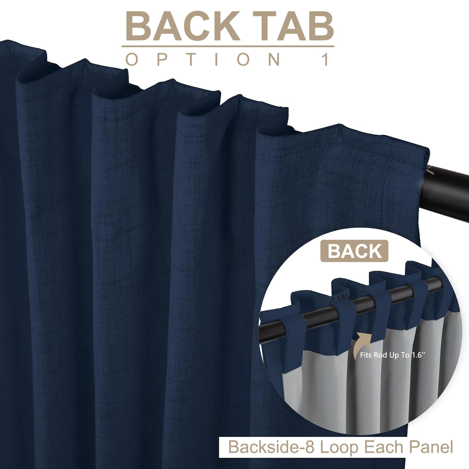 Faux Linen Total Blackout Curtains for Bedroom 90 Inch Long Midnight Blue