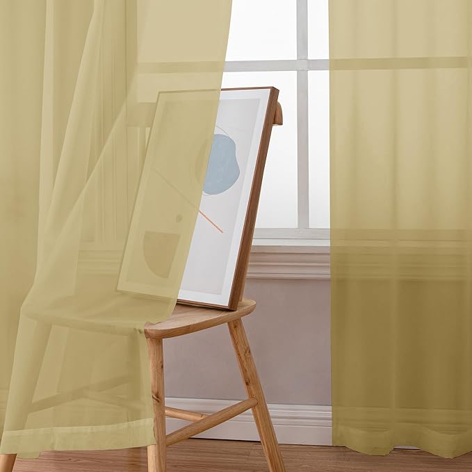 Simplebrand Rod Pocket Top Solid Voile Sheer Curtains for Bedroom, 54 Inch Length Drapes Set of 2, Lightweight and Light Filtering Elegant Curtains Panels Window Treatment, 42W×54L, Gold