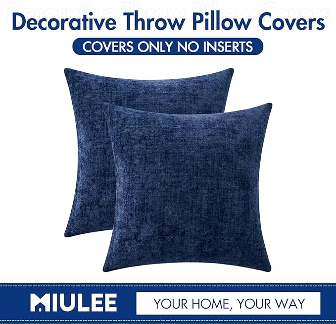 MIULEE Soft Chenille Throw Pillow Covers Navy Blue 20x20 Inch Pack of 2