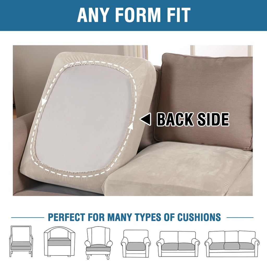 H.VERSAILTEX Velvet Stretch Couch Cushion Cover Plush Cushion Slipcover for Chair Loveseat Sofa Cushion Furniture Protector Seat Cushion Sofa Cover (3 Piece Sofa Cushion Covers, Ivory)