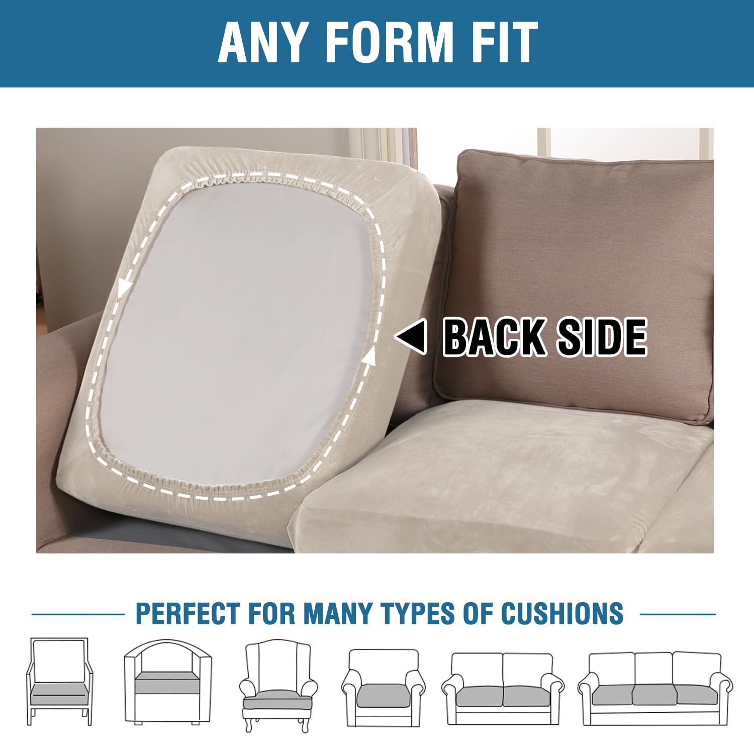 H.VERSAILTEX Velvet Stretch Couch Cushion Cover Plush Cushion Slipcover for Chair Loveseat Sofa Cushion Furniture Protector Seat Cushion Sofa Cover (3 Piece Sofa Cushion Covers, Ivory)