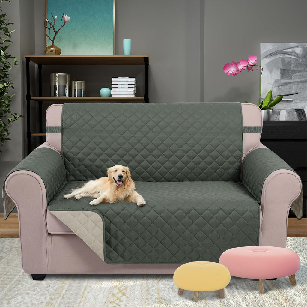 U-NICE HOME Loveseat Sofa Cover for 2 Cushion Couch, Grey/Beige