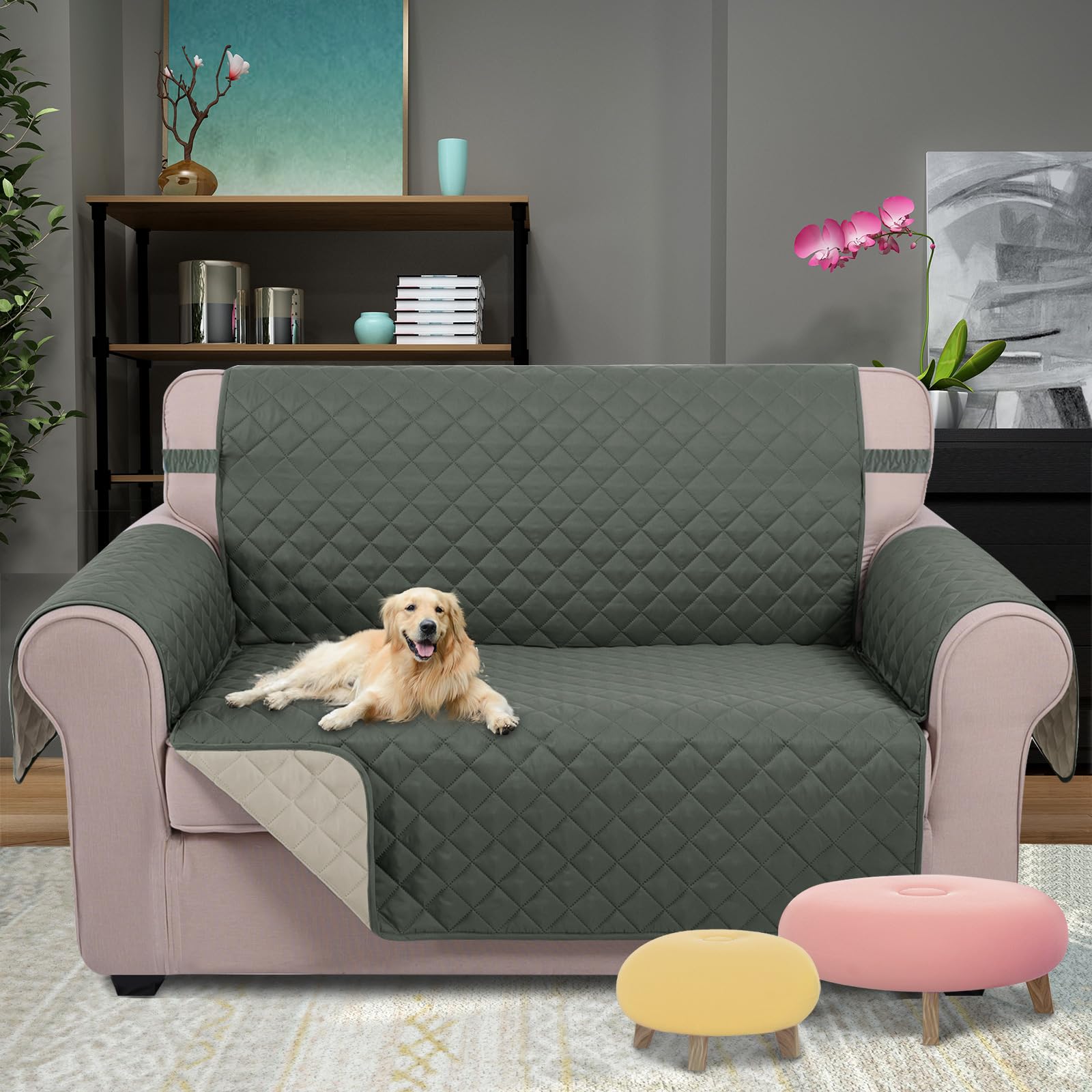 U-NICE HOME Loveseat Sofa Cover for 2 Cushion Couch, Grey/Beige