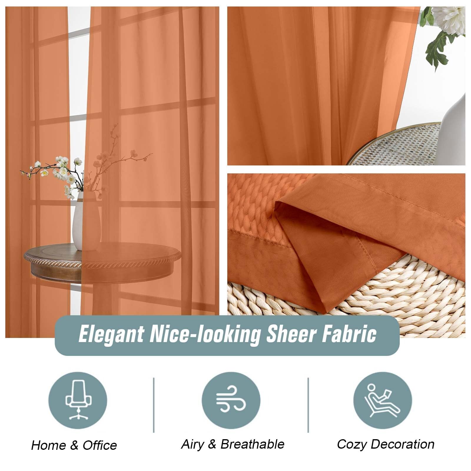 Ebesto Orange Sheer Curtains for Window 96 Inches Long 2 Panels Set, Soft Airy Light Filtering Voile Sheer Curtains for Living Room Bedroom, Dual Rod Pocket Elegant Window Drapes, 2x42Wx96L Inches