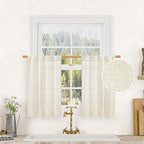 LAMIT Short Linen Curtains 36 Inch Length for Half Window, Cream Ivory Semi Sheer Light Filtering Panels Back Tab and Rod Pocket Drapes for Basement/Kitchen, 2 Panels, 25 x 36 Inch