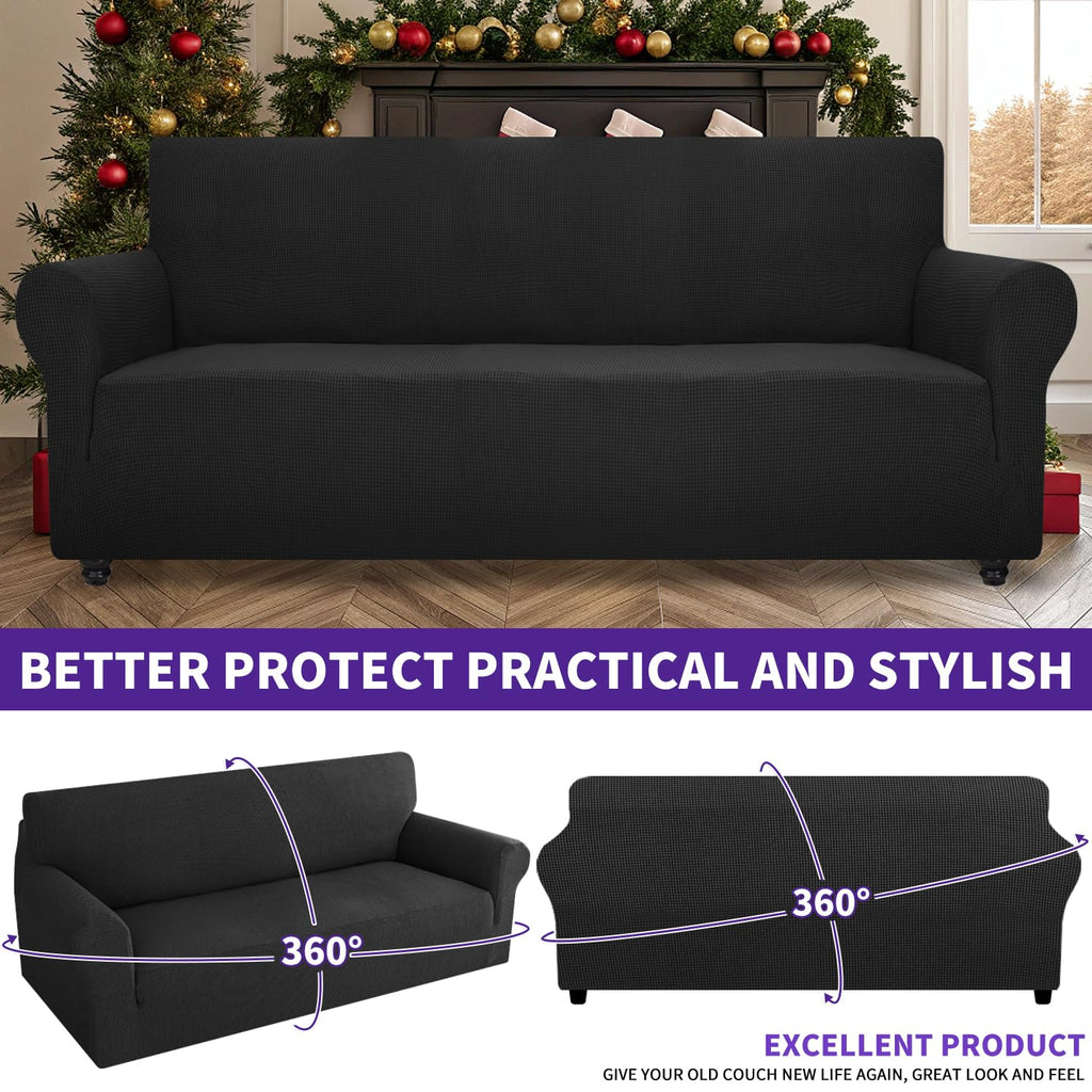 ZNSAYOTX Super Stretch Couch Cover (72"-92") Universal Sofa Covers with Elastic Bottom, Dog Cat Pets Friendly Washable Furniture Protector Fitted Sofa Slipcovers Stay in Place (Black, Sofa)