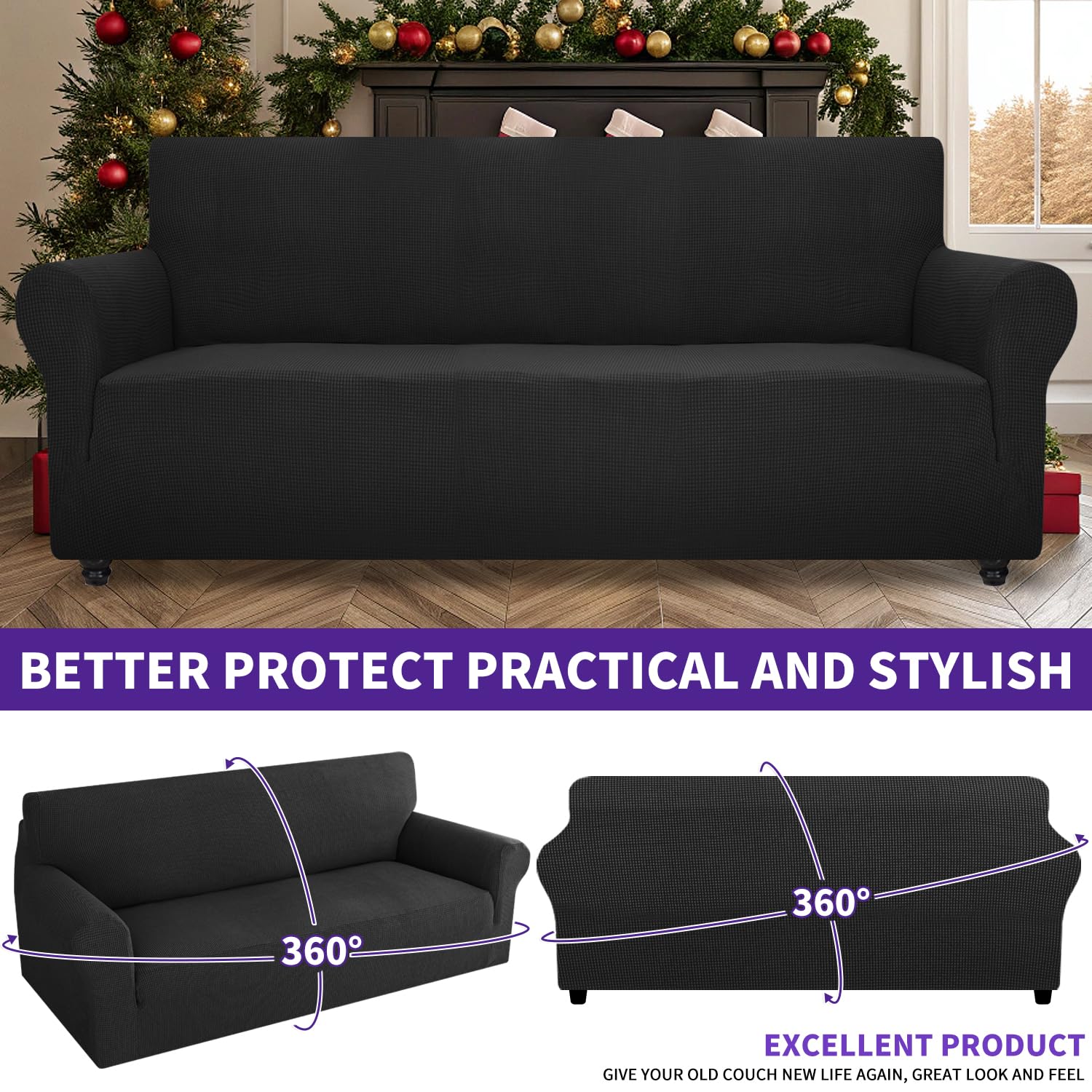 ZNSAYOTX Super Stretch Couch Cover (72"-92") Universal Sofa Covers with Elastic Bottom, Dog Cat Pets Friendly Washable Furniture Protector Fitted Sofa Slipcovers Stay in Place (Black, Sofa)