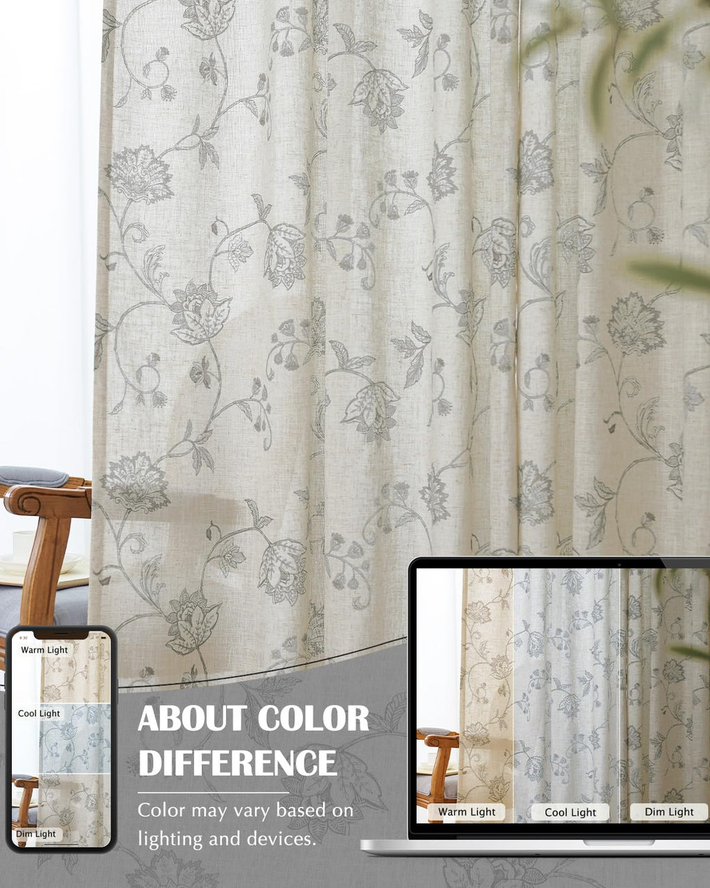jinchan Linen Curtains Floral Curtains 96 Inch Length for Living Room Bedroom Light Filtering Rod Pocket Back Tab Jacobean Curtains Flax Linen Texture Window Drapes Set 2 Panels Dark Grey on Linen