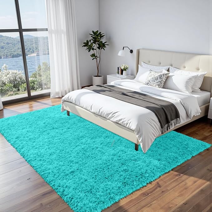 8x10 Fluffy Shag Area Rugs for Living Room Bedroom: Soft Carpet Teal Blue