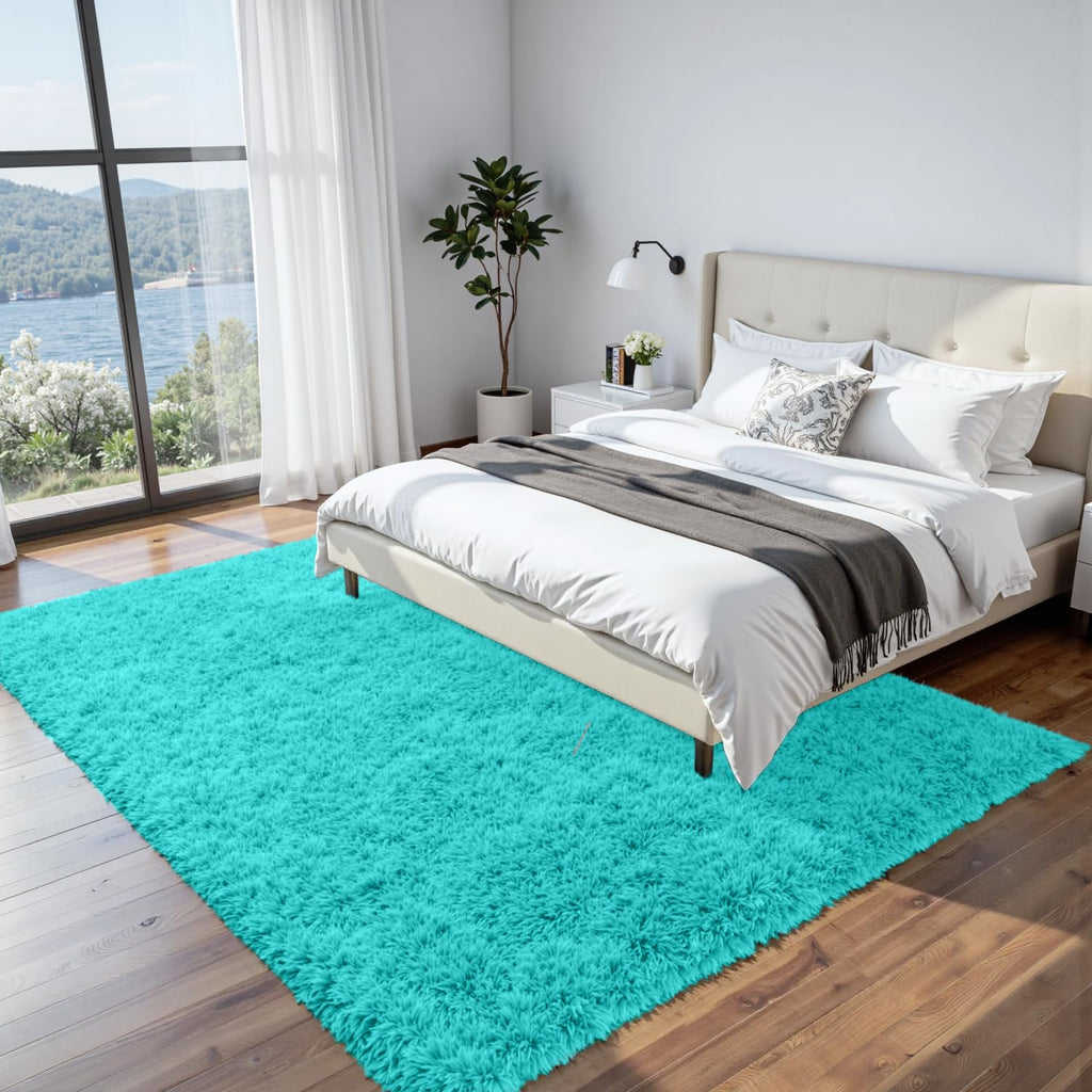 8x10 Fluffy Shag Area Rugs for Living Room Bedroom: Soft Carpet Teal Blue