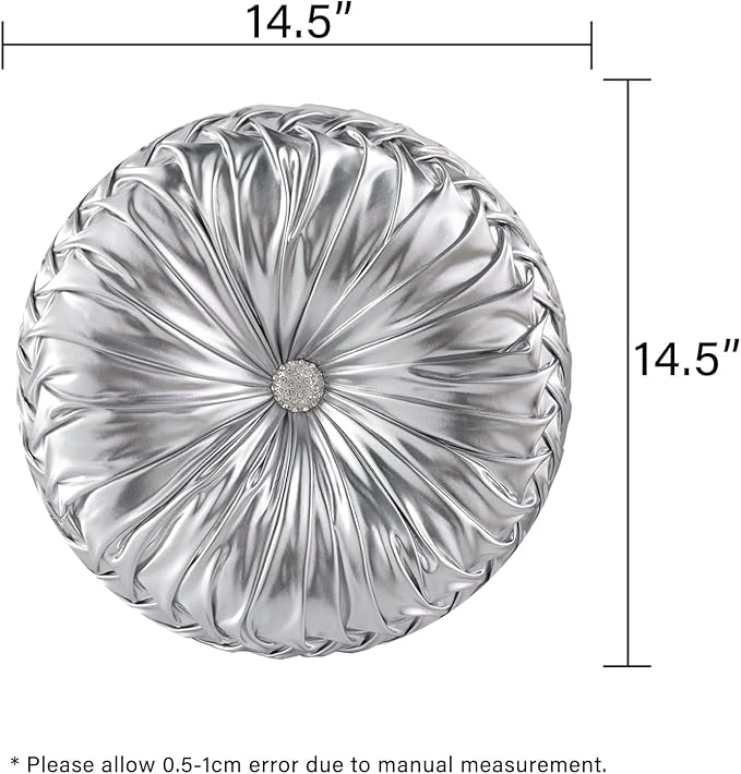 HIG Set of 2 Silver Metallic Leather Decorative Round Pleated Throw Pillows
