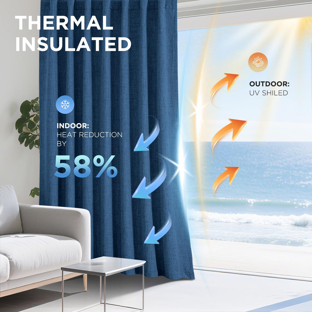 Joydeco Linen Blackout Curtains for Bedroom - 100% Light Blocking 1 Panels, Navy Blue Drapes 70" W x 108" L, Thermal Insulated Room Darkening Curtains for Living Room, Rod Pocket & Back Tabs