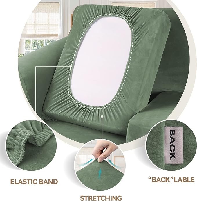 WEERRW Velvet Couch Covers for 2 Cushion Couch Sofa - High Stretch Velvet Plush 3 Pieces Sofa Slipcovers with Elastic Bottom, Furniture Protector for Pets, Machine Washable, Greyish Green, Medium