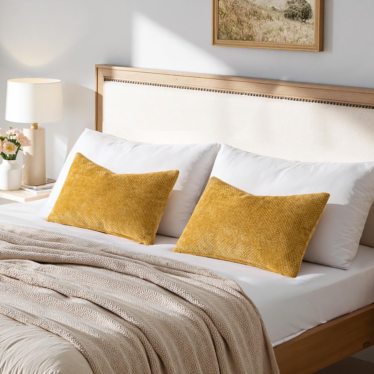 MIULEE Decorative Lumbar Throw Pillow Covers 12x20 in Mustard Yellow 2 Pack