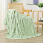 Cream Green Fleece Throw Blanket 60”×80” for Couch Sofa Livingroom