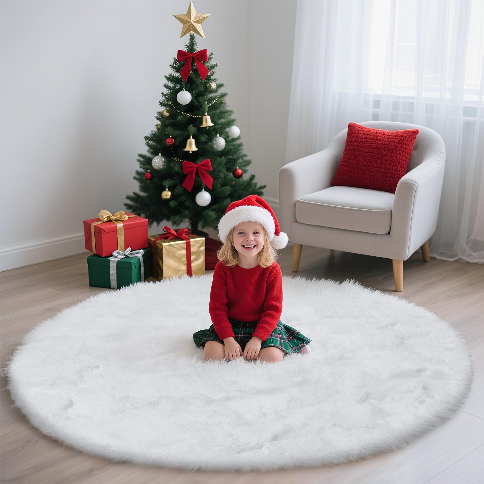 White Fluffy Round Area Rugs for Bedroom,6'X6'Shag Circle Small Area Rugs