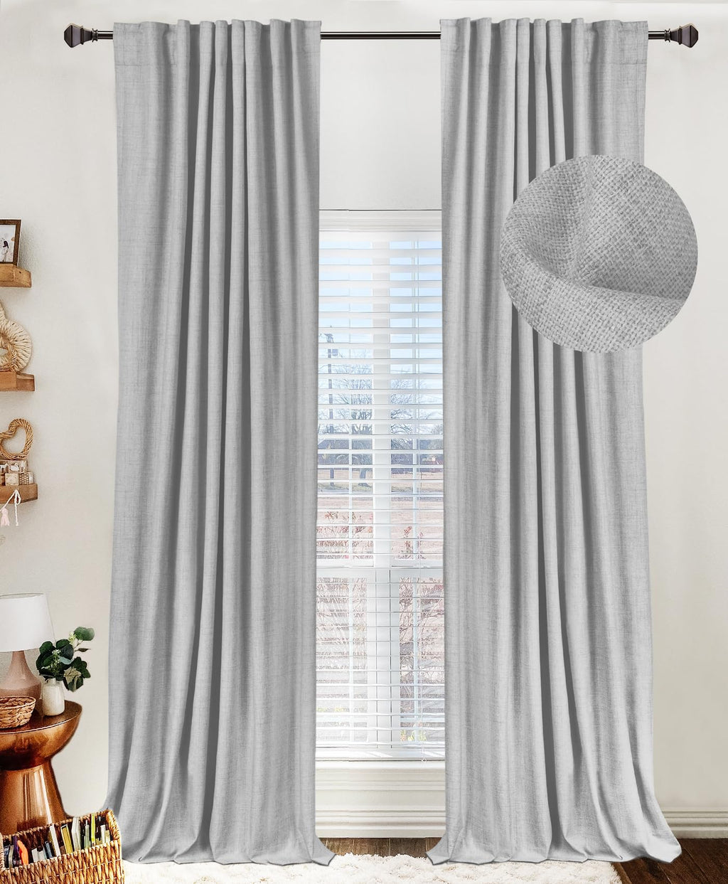 Linen Textured Total Blackout Curtains for Bedroom 84 Inches Long, Grey