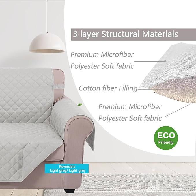 U-NICE HOME Reversible Oversized Chair Covers Quilted Water Repellent Pet Protectors with Elastic Straps(28''Armchair, Light Grey/Light Grey)