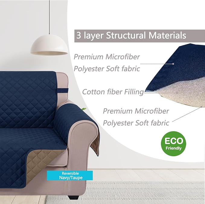 U-NICE HOME Recliner Chair Covers Reversible Quilted Water Repellent Pet Protectors with Elastic Straps (23''Recliner Small, Navy/Taupe)