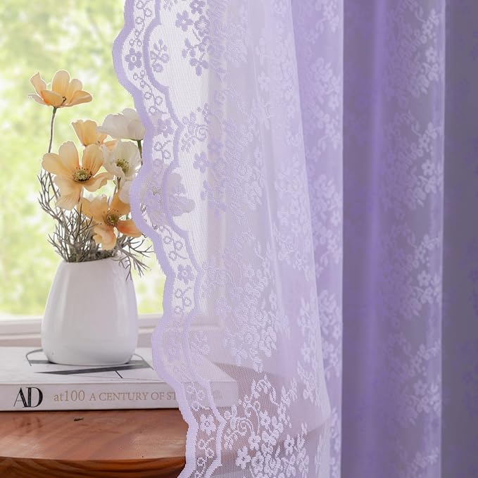 YJ YANJUN Vintage Lace Curtains 63 Inch Length-Victorian Floral Pattern Lavender Sheer Curtain Panels for Living Room Bedroom,Light Filtering, Romantic Girly Drapes 2 Panels 52W x 63L Light Purpel