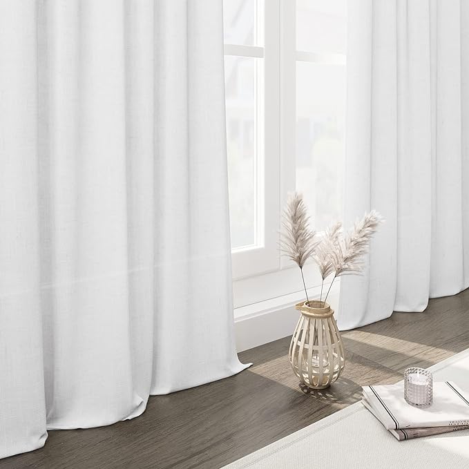 Nanspring White Linen Curtains for Living Room 101 Inches Long Extra Long Back Tab Curtains Farmhouse Light Filtering Semi Sheer Linen Drapes Ceiling to Floor for Large Window 2 Panels Set 52x101