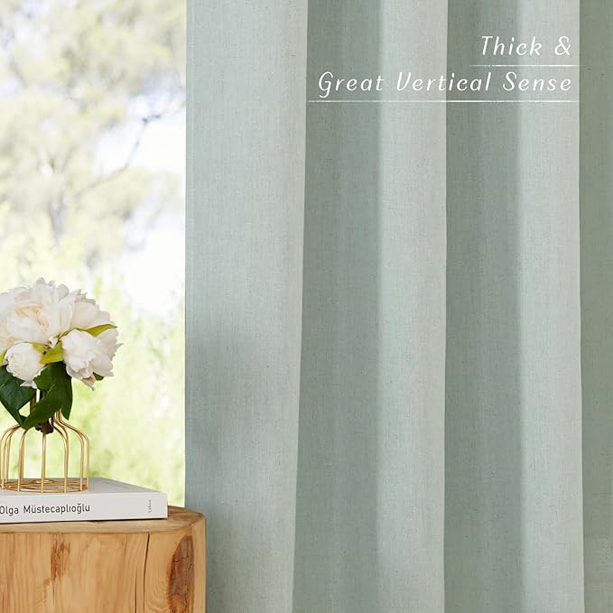 NICETOWN Flax Sage Green Linen Curtains for Room Divider, Grommet Top Thick Flax Semi Sheer Vertical Drapes Privacy Assured with Light Filtering for Sliding Glass Door, W68 x L96, 2 Pieces