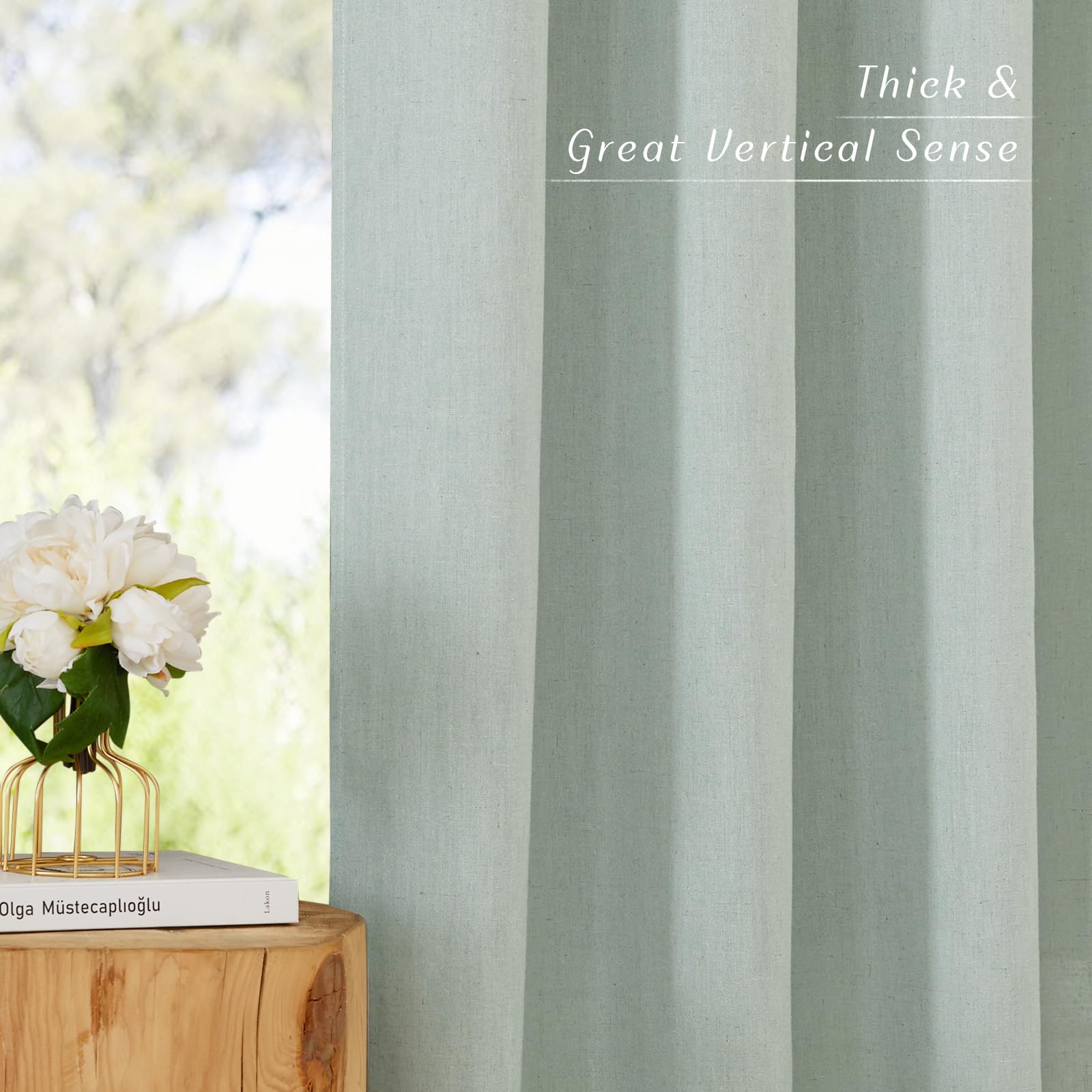 NICETOWN Linen Flax Semi Sheer Curtains 92" Length, Grommet Window Treatments Privacy Added with Light Penetration Vertical Drapes for Loft/Home Office, Sage Green, W55 x L92, 2 Panels