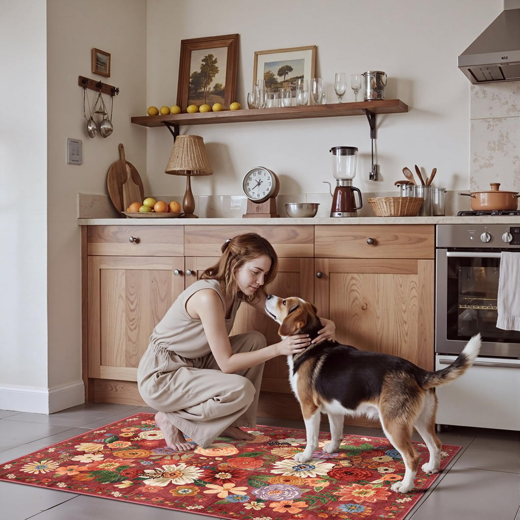 Babovid Red Floral Hallway Runner Rug 2x5 for Bedroom Kitchen