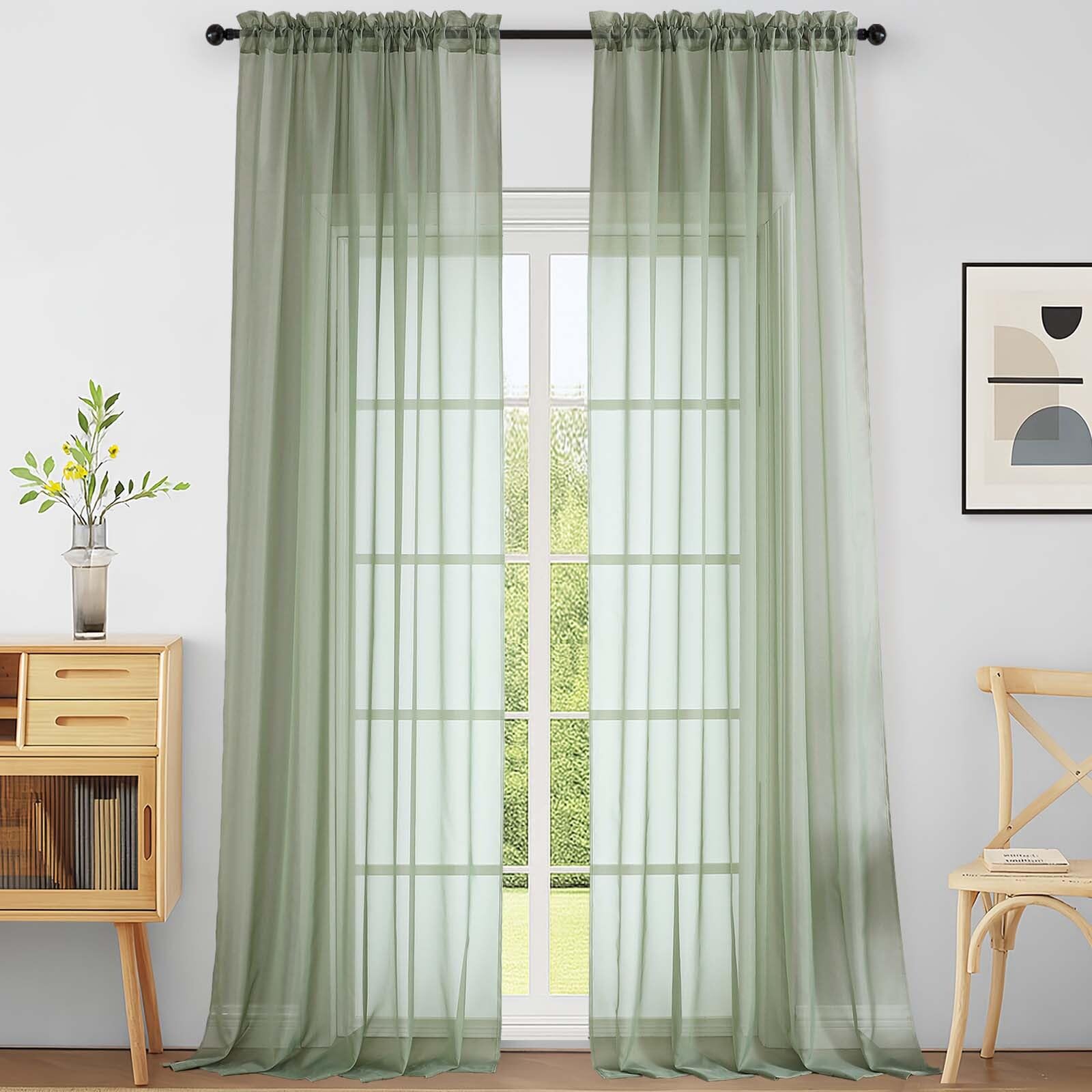 Ebesto Extra Wide Sage Green Sheer Curtains for Windows 108 inches Long, Lightweight Light Filtering Soft Drapes for Living Room Bedroom, Dual Rod Pocket Sheer Curtains, 2x59Wx108L inches, 9FT, 2PCS