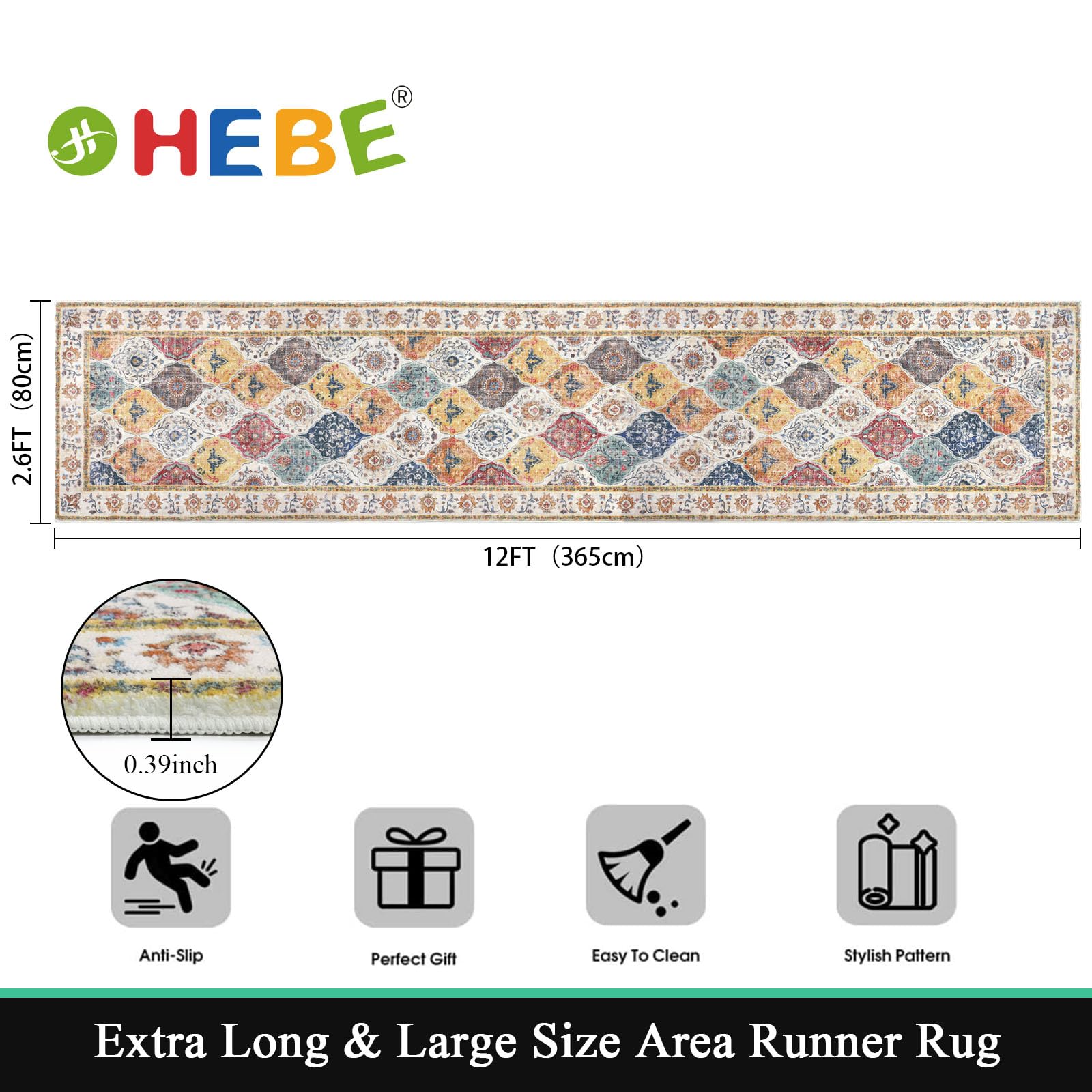 HEBE Hallway Runner Rug 2'8''x12', Washable Non Slip Kitchen Rug Runner
