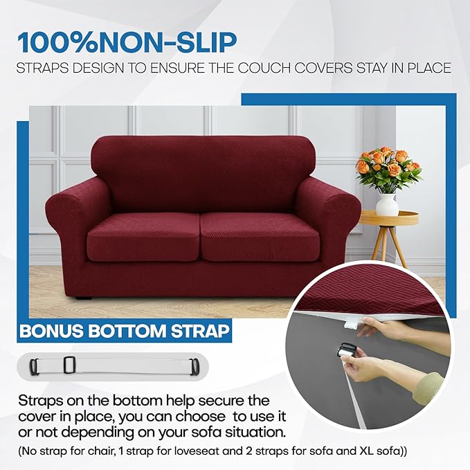 XINEAGE 2026 New 3 Pieces Couch Covers for 2 Cushion Sofa Super Stretch Loveseat Slipcover Pet Dog Universal Slip Cover Anti Slip Love Seat Furniture Protector (Wine Red, 55"-69")