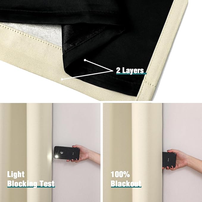 ChrisDowa 100% Blackout Curtains 84 inch Long for Bedroom with Black Liner, 2 Thick Layers Total Blackout Thermal Insulated Grommet Window Curtains 2 Panels Set (Light Beige, 52 x 84 Inch)