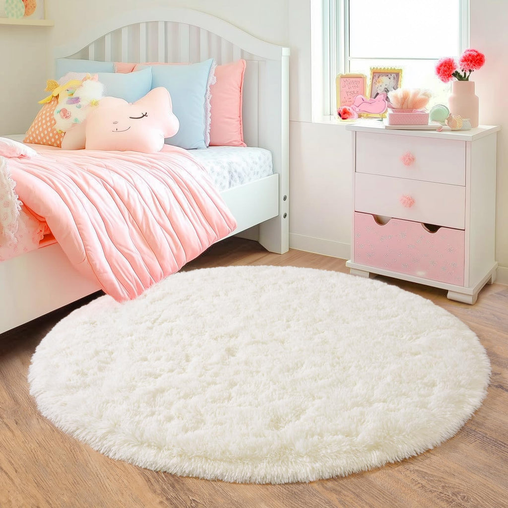 Quntue 5'x5' Cream Round Rugs for Girls Bedroom, Ultra Soft Fluffy Circle Rug for Kids Room, Cute Shag Rugs for Living Room Playroom Tent Castle Home Decor Rug