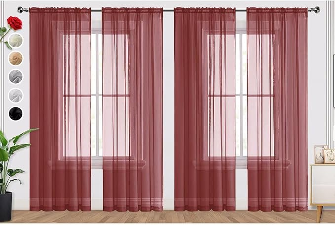 SpaceDresser Burgundy Sheer Curtains 4 Panels Rod Pocket Semi-Sheer Curtain 45 Inches Long Light Filtering Voile Window Drapes for Bedroom Living Room Kitchen, Each 52W x 45L