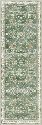 Yamaziot Washable Runner Rug 2x6 – Non Slip Boho Floral Hallway Runner Rug with Rubber Backing, Low Pile Faux Wool Distressed Carpet for Kitchen, Laundry, Bedroom, Entrance, Mottled Green