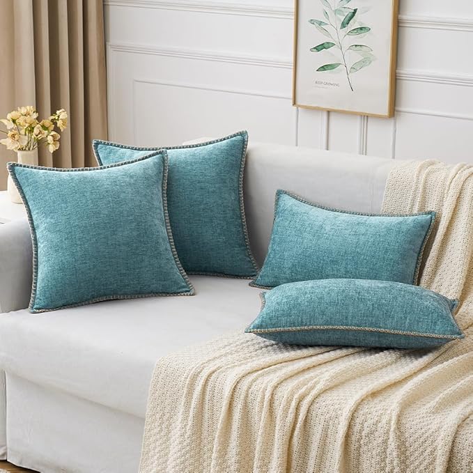 MIULEE Pack of 2 Couch Throw Pillow Covers 16x16 Inch Smoke Blue Farmhouse Decorative Pillow Covers with Stitched Edge Soft Chenille Solid Dyed Spring Pillow Covers for Sofa Bed Living Room