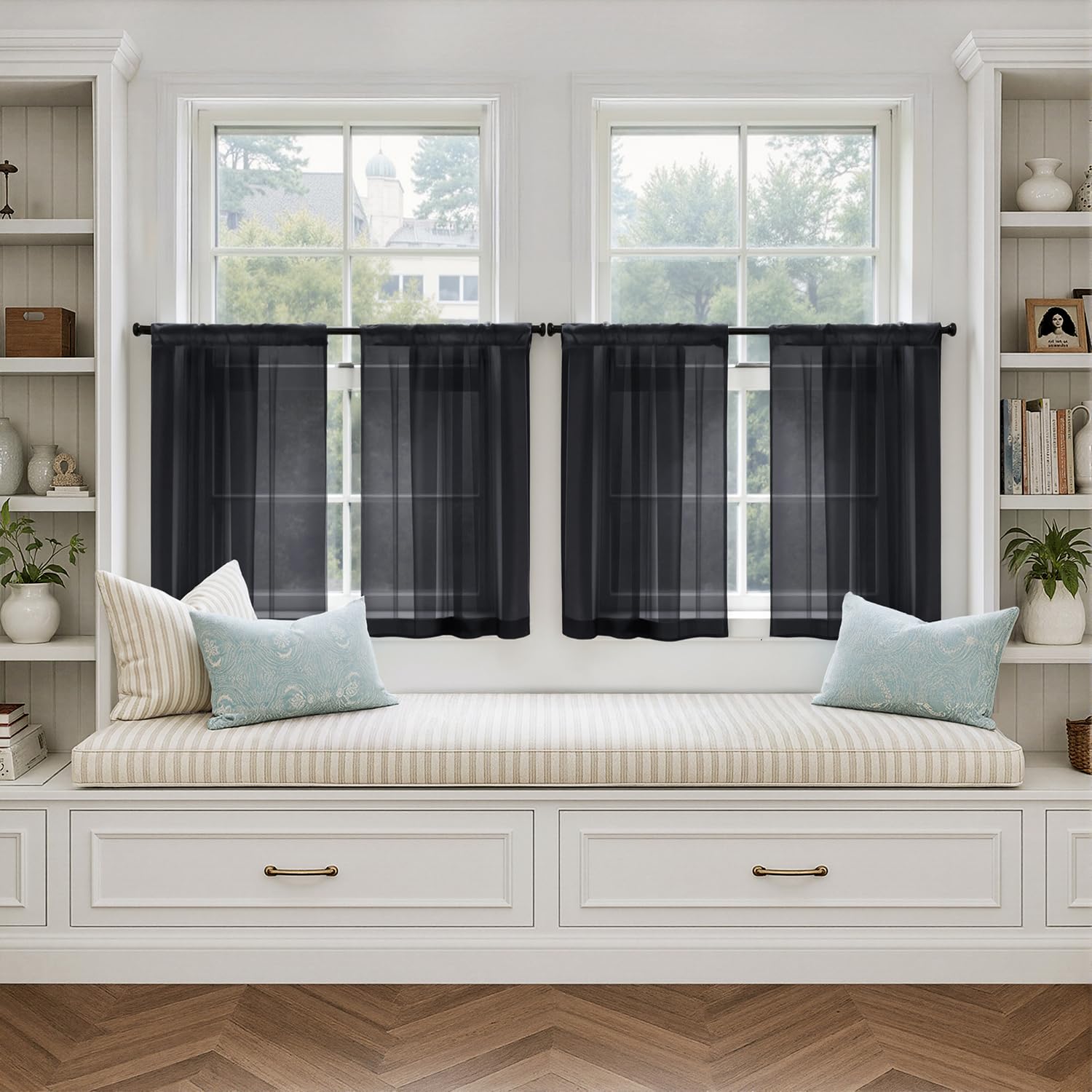 MIULEE 4 Panels Half Window Tier Black Sheer Curtains 42 x 30 Inches