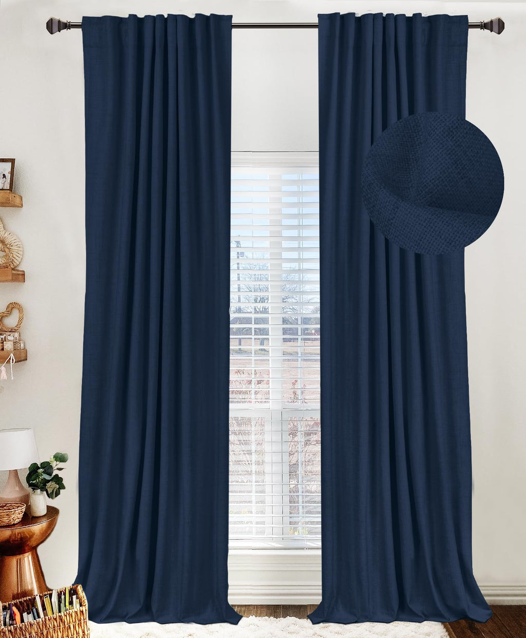 Faux Linen Total Blackout Curtains for Bedroom 96 Inch Long Midnight Blue