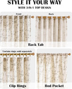 Lazzzy Floral Linen Curtains Farmhouse Extra Long Curtain for Living Room Bedroom Light Filtering Vintage Rod Pocket Back Tab Drapes for Home, 2 Panels, Gray on Beige, W38 X L108