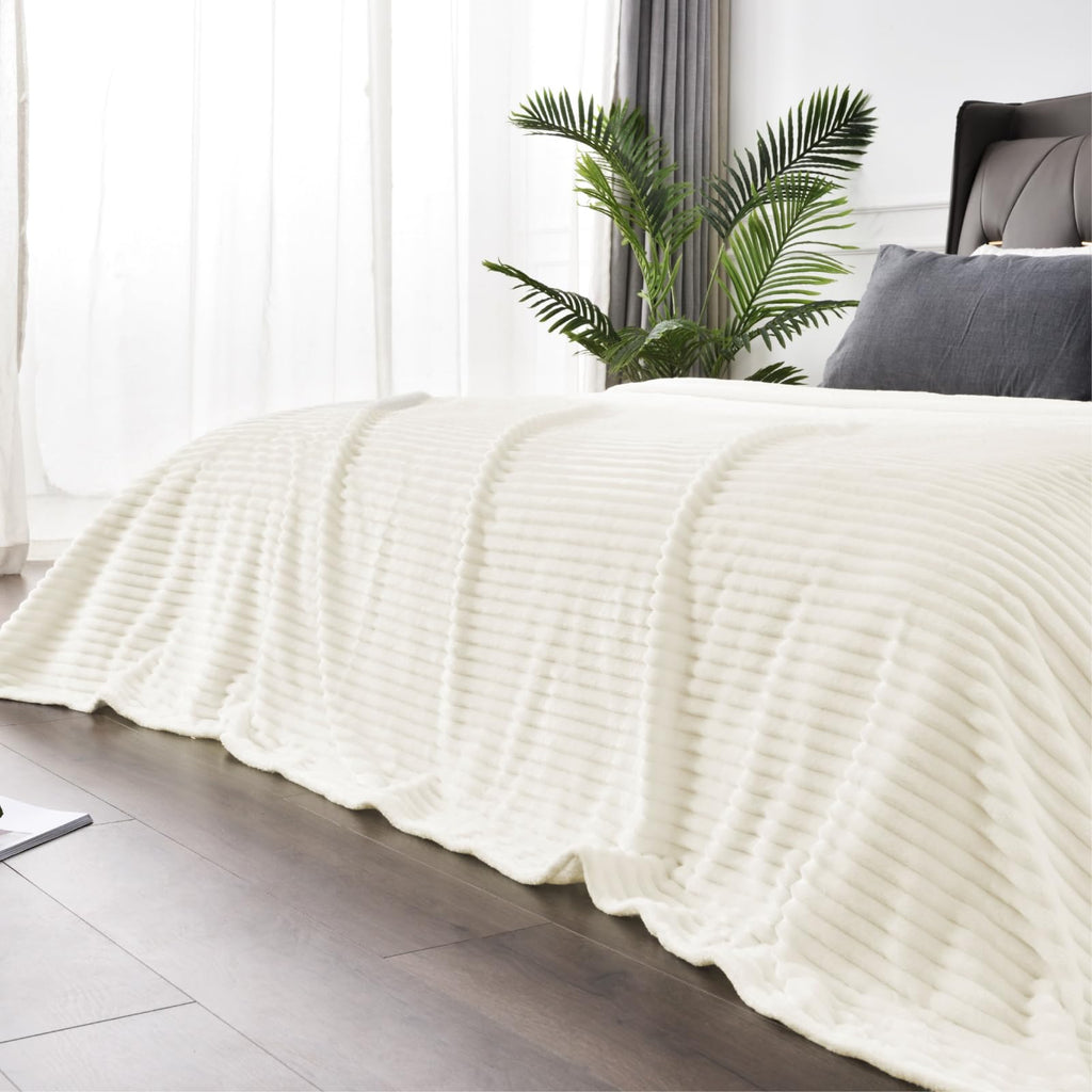 BEDELITE 3D Ribbed Jacquard Cream Blankets Queen Size for Bed, 90x90 Inch