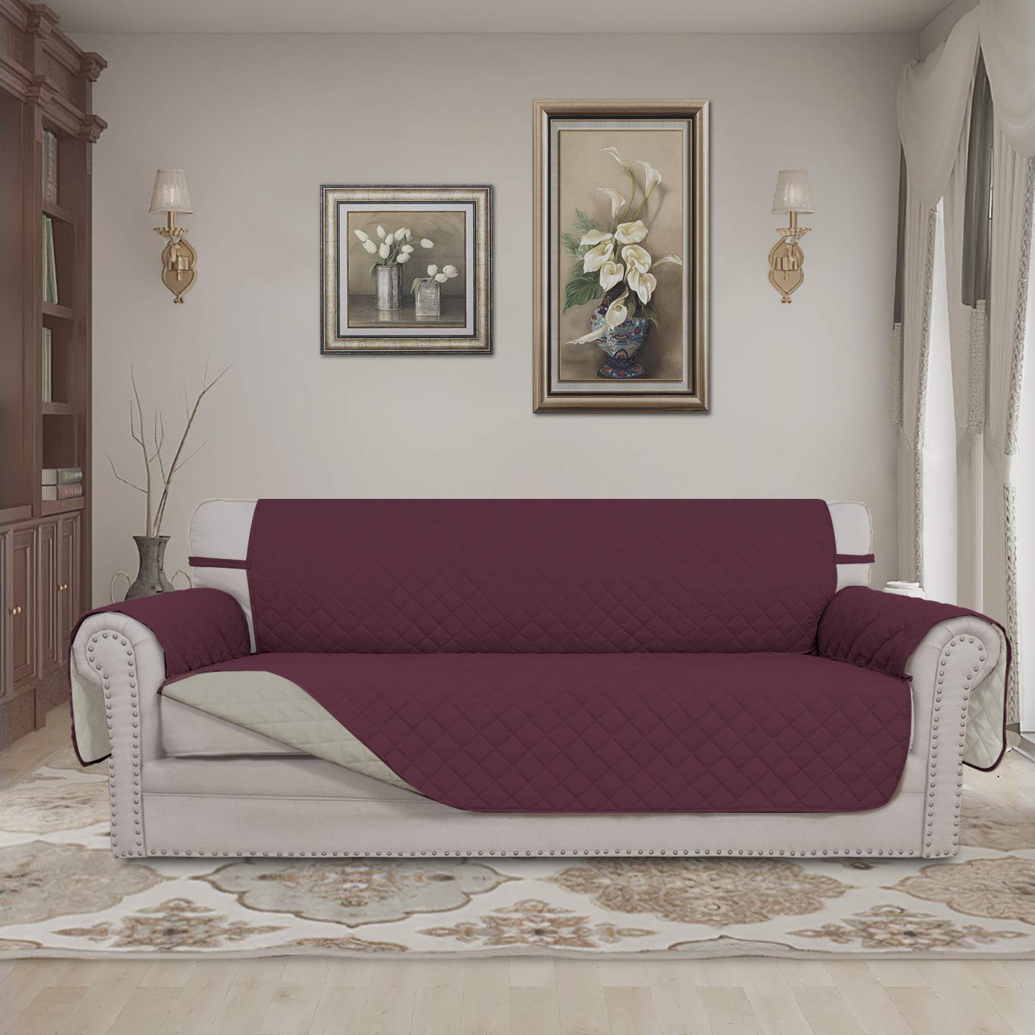 Easy-Going Reversible Couch Cover, 3 Cushion Sofa, Large, Wine/Beige