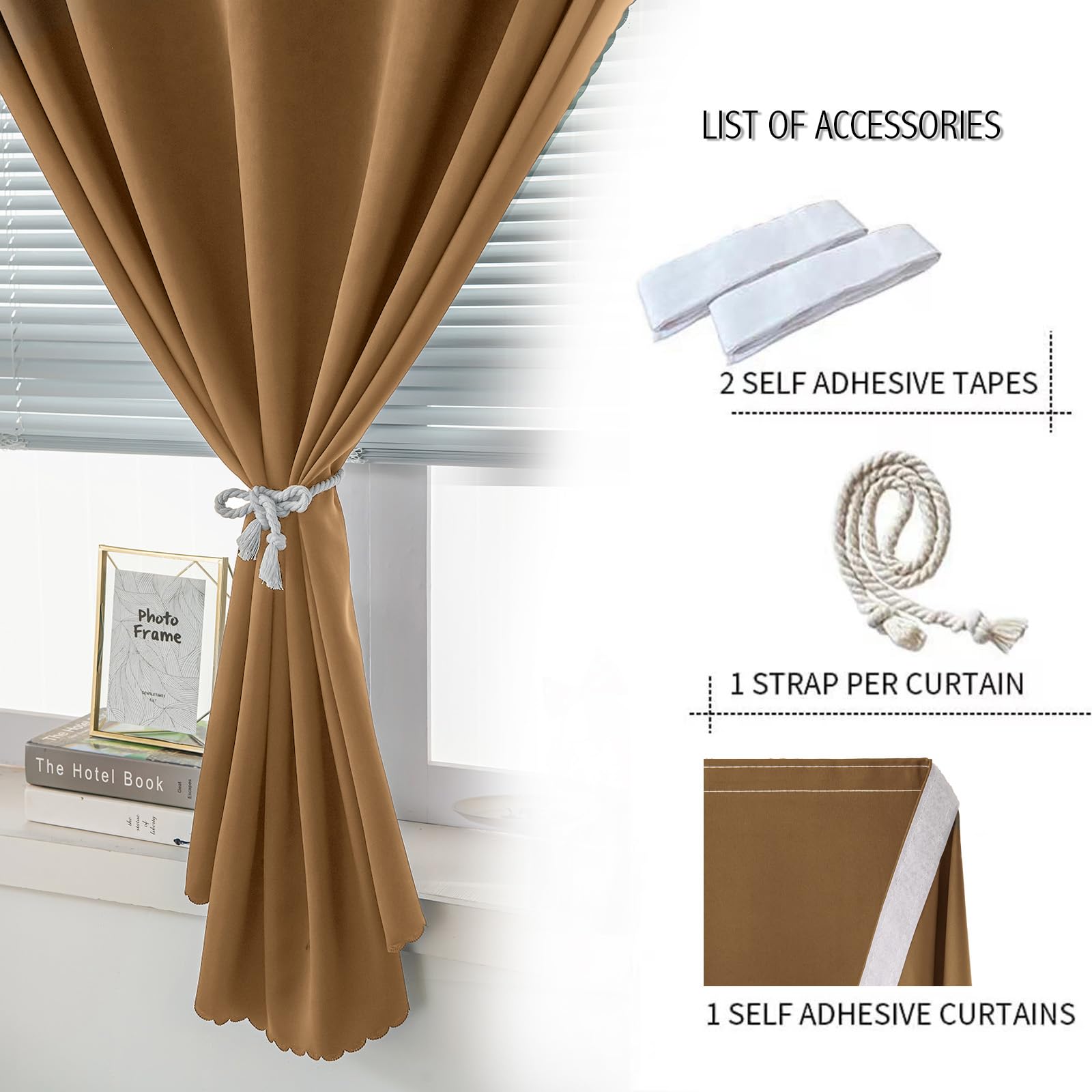 Sovtfides Self Adhesive Curtains, Stick Curtain Blackout Shades Window Cover Curtains for Living Room No Drilling, 47" W X 84" L, Brown, 1 Panel