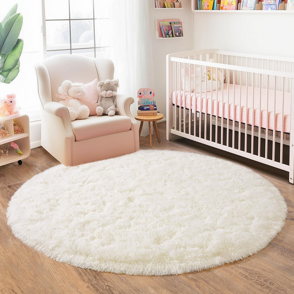 Quntue 5'x5' Cream Round Rugs for Girls Bedroom, Ultra Soft Fluffy Circle Rug for Kids Room, Cute Shag Rugs for Living Room Playroom Tent Castle Home Decor Rug