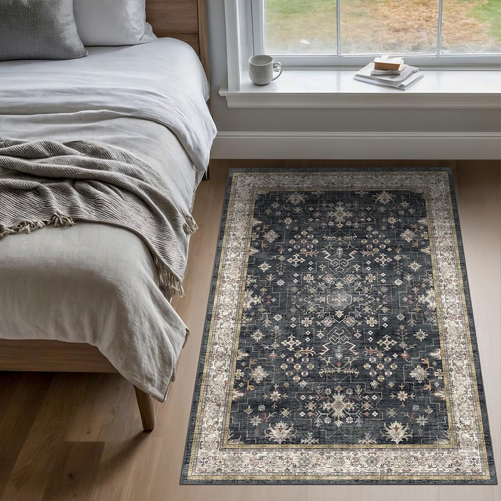 Large 3x5 Entryway Rug Indoor - Washable Non-Slip Low Pile Ultra Soft Area Rug for Large Kitchen, Bedroom Bedside, Mudroom - Distressed Boho Modern Aesthetic Geometric Decor, Ashen/Multi